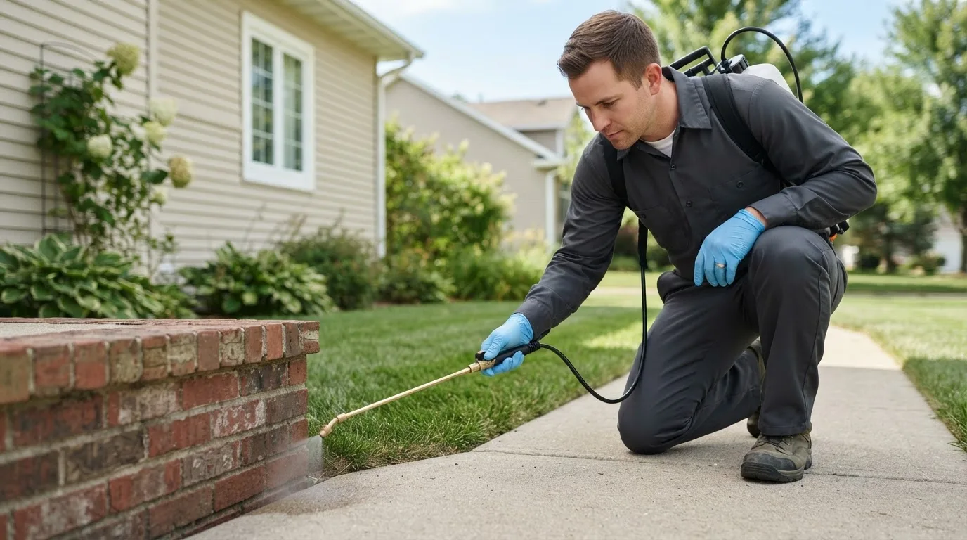 Pest control technician treating a home near Crawford, WV